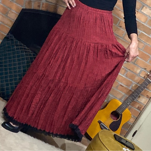 VTG Handmade  Ruffled Tiered Maroon Black Maxi Skirt Mexican Gypsy Indie OS - Picture 1 of 11